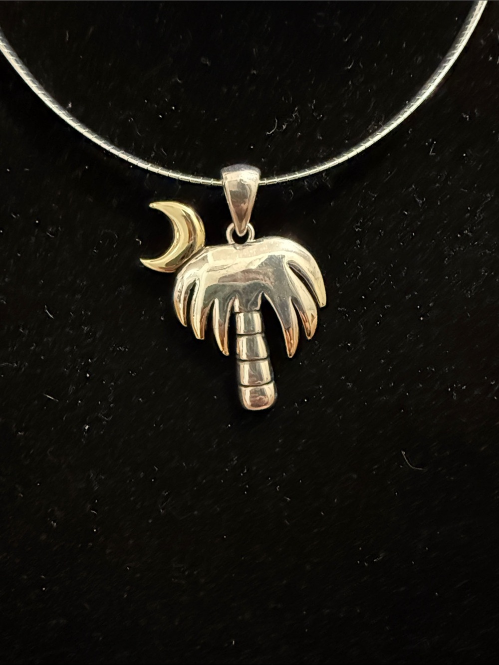Silver tone  Palm Tree Necklace with Gold tone Crescent